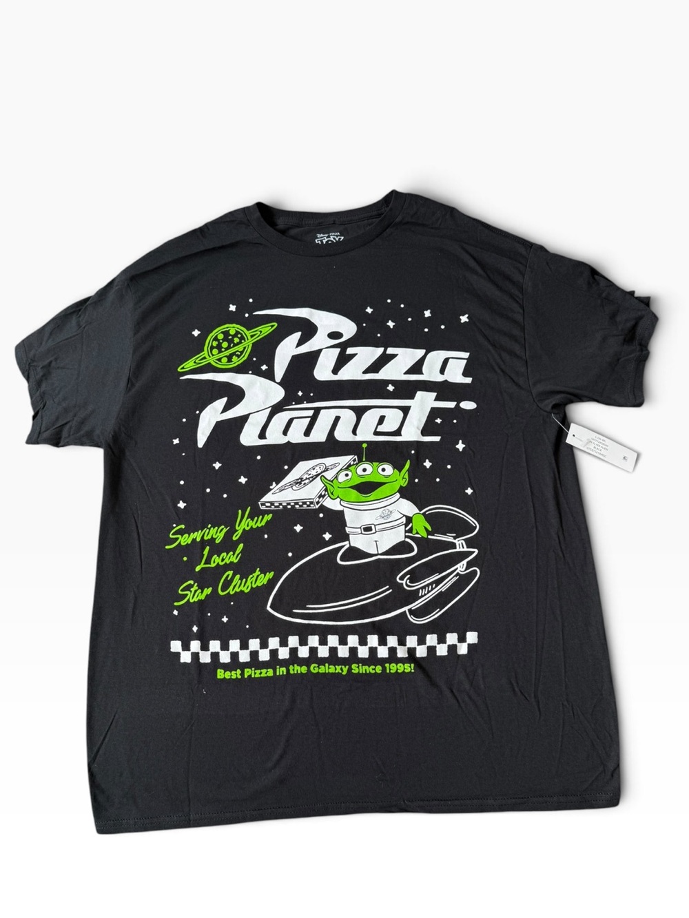 Disney Pixar Toy Story Pizza Planet Alien Black Graphic T-Shirt Large Unisex